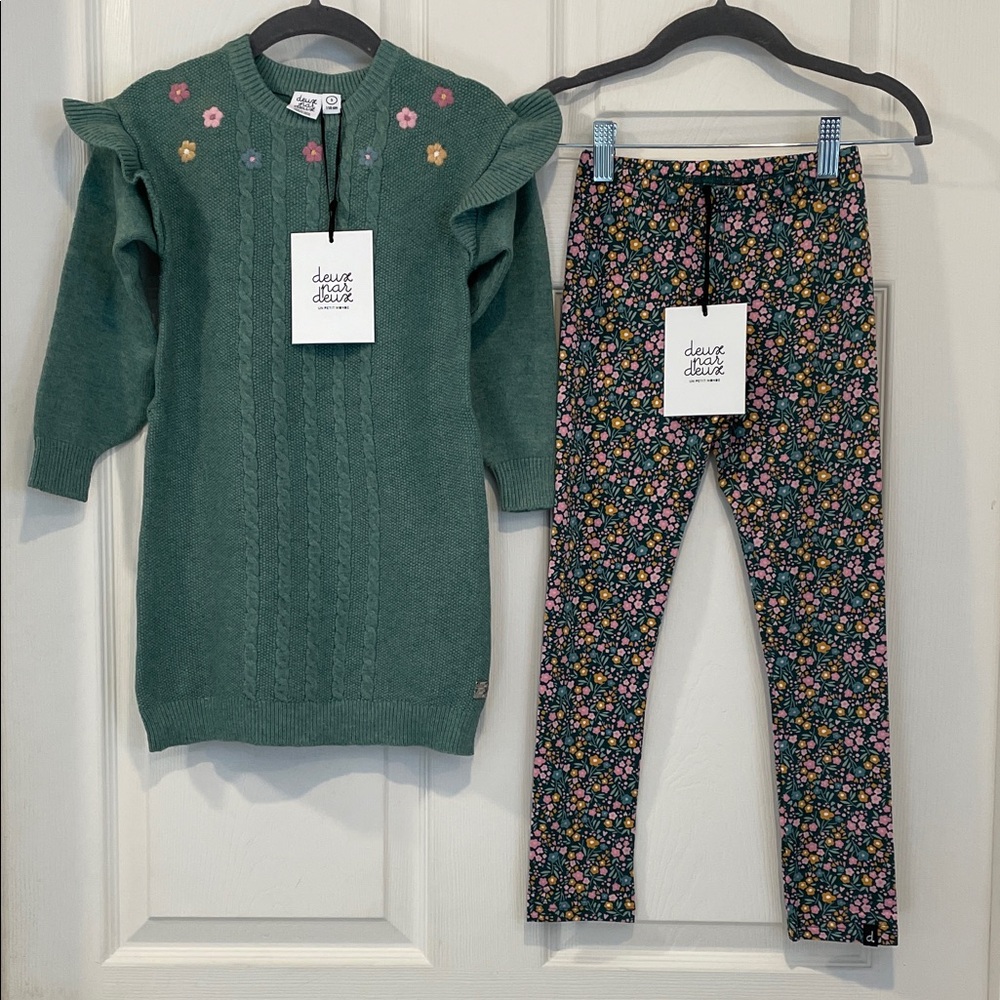 Deux Par Deux Sage Green w/Ruffles & Embroidered Flowers & Floral Leggings NWT